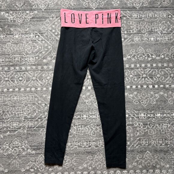 Victoria Secret PINK Yoga Foldover Leggings Pants Small Black Pink Y2K Bling - Picture 1 of 9